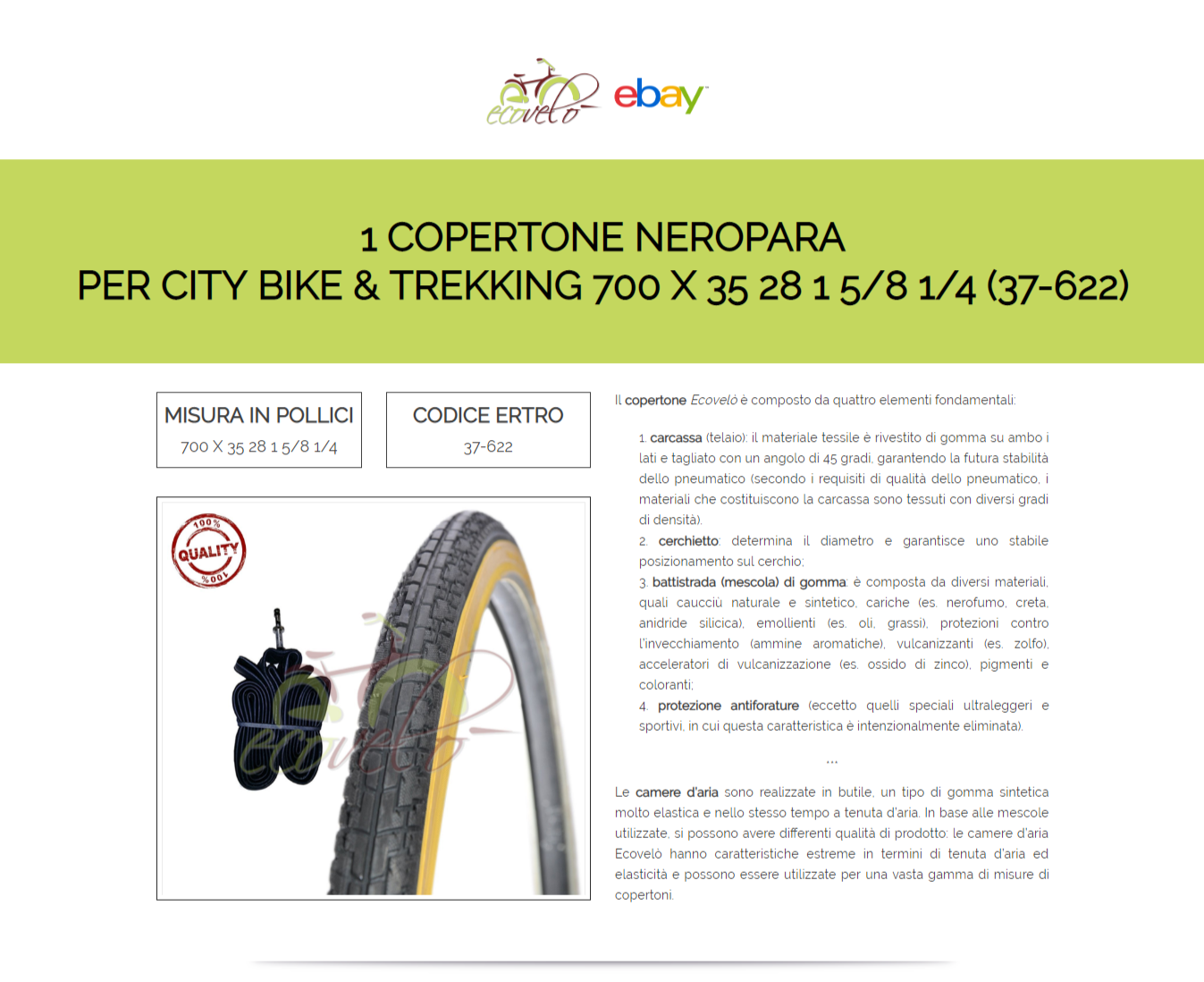 Copertone Bici 28 CityBike Trekking Passeggio 700x35c 28 5/8 3/8 Nero Pneumatico 